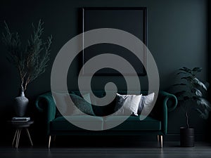 Interior of a dark living room with a green sofa and a black poster on the wall.