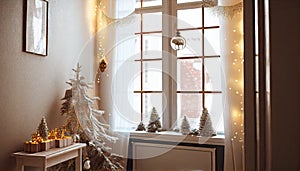 Interior decorated Christmas themed fir many accessories Style white golden decoration room home bedchamber house window bed