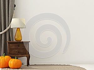 Interior decoration for Halloween with wooden bedside table