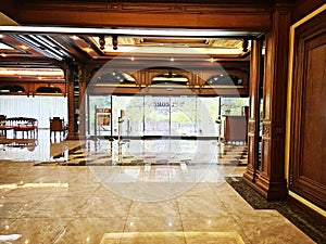 Interior decoration of vintage hotel hallway, Hotel reception area, Side entry