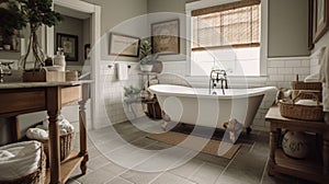 Interior deisgn of Bathroom in Farmhouse style with Clawfoot Tub