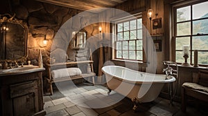 Interior deisgn of Bathroom in Rustic style with Clawfoot Bathtub
