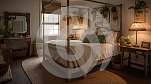 Interior deisgn of Bedroom in Rustic style with Four-poster bed with white linens