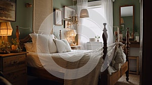 Interior deisgn of Bedroom in Rustic style with Four-poster bed with white linens