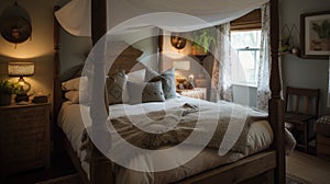 Interior deisgn of Bedroom in Rustic style with Four-poster bed with white linens