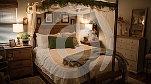 Interior deisgn of Bedroom in Rustic style with Four-poster bed with white linens