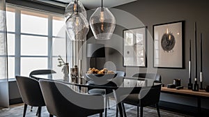 Interior deisgn of Dining Room in Contemporary style with Glass Dining Table