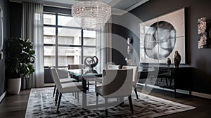 Interior deisgn of Dining Room in Contemporary style with Glass Dining Table