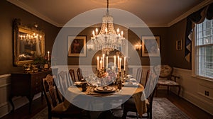 Interior deisgn of Dining Room in Traditional style with Chandelier