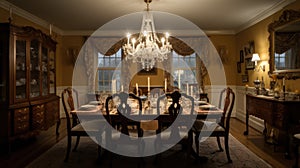 Interior deisgn of Dining Room in Traditional style with Chandelier