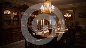 Interior deisgn of Dining Room in Traditional style with Chandelier