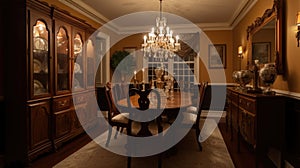 Interior deisgn of Dining Room in Traditional style with Chandelier