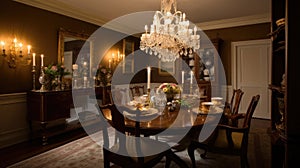 Interior deisgn of Dining Room in Traditional style with Chandelier