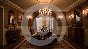 Interior deisgn of Dining Room in Traditional style with Chandelier