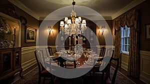 Interior deisgn of Dining Room in Traditional style with Chandelier