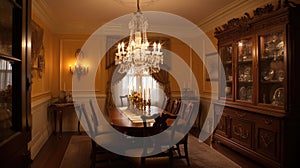 Interior deisgn of Dining Room in Traditional style with Chandelier