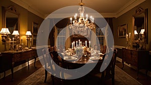 Interior deisgn of Dining Room in Traditional style with Chandelier