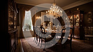 Interior deisgn of Dining Room in Traditional style with Chandelier