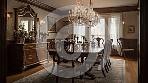 Interior deisgn of Dining Room in Traditional style with Chandelier