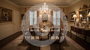 Interior deisgn of Dining Room in Traditional style with Statement chandelier