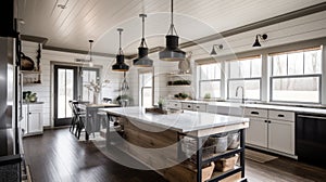 Interior deisgn of Kitchen in Farmhouse style with Kitchen Island