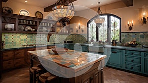 Interior deisgn of Kitchen in Mediterranean style with Terra cotta tile flooring