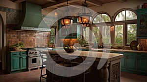 Interior deisgn of Kitchen in Mediterranean style with Terra cotta tile flooring