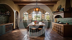 Interior deisgn of Kitchen in Mediterranean style with Terra cotta tile flooring