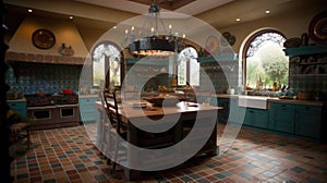 Interior deisgn of Kitchen in Mediterranean style with Terra cotta tile flooring