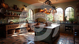 Interior deisgn of Kitchen in Mediterranean style with Terra cotta tile flooring