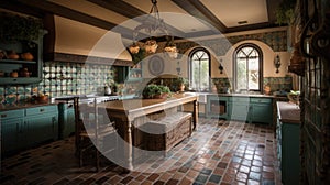 Interior deisgn of Kitchen in Mediterranean style with Terra cotta tile flooring