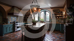 Interior deisgn of Kitchen in Mediterranean style with Terra cotta tile flooring