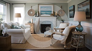 Interior deisgn of Living Room in Coastal style with Fireplace