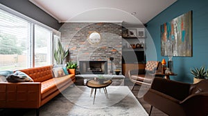 Interior deisgn of Living Room in Mid-Century Modern style with Fireplace