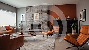 Interior deisgn of Living Room in Mid-Century Modern style with Fireplace