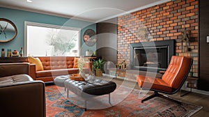 Interior deisgn of Living Room in Mid-Century Modern style with Fireplace