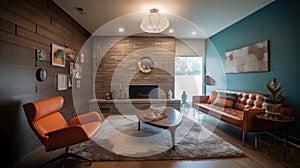 Interior deisgn of Living Room in Mid-Century Modern style with Fireplace