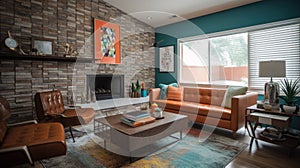 Interior deisgn of Living Room in Mid-Century Modern style with Fireplace