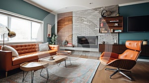 Interior deisgn of Living Room in Mid-Century Modern style with Fireplace