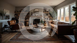 Interior deisgn of Living Room in Mid-Century style with Fireplace