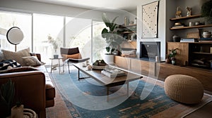 Interior deisgn of Living Room in Mid-Century style with Fireplace