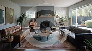 Interior deisgn of Living Room in Mid-Century style with Fireplace