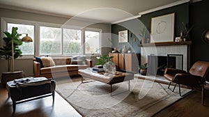 Interior deisgn of Living Room in Mid-Century style with Fireplace