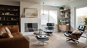 Interior deisgn of Living Room in Mid-Century style with Fireplace