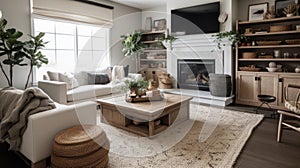 Interior deisgn of Living Room in Modern Farmhouse style with Fireplace