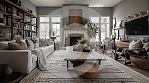 Interior deisgn of Living Room in Modern Farmhouse style with Fireplace