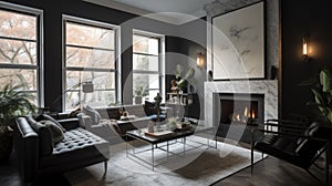 Interior deisgn of Living Room in Modern style with Fireplace