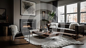 Interior deisgn of Living Room in Modern style with Fireplace