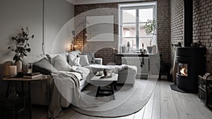 Interior deisgn of Living Room in Scandinavian style with White Brick Fireplace