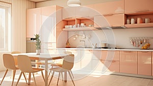 Interior with a delicate peach color. Peach-colored kitchen Interior design